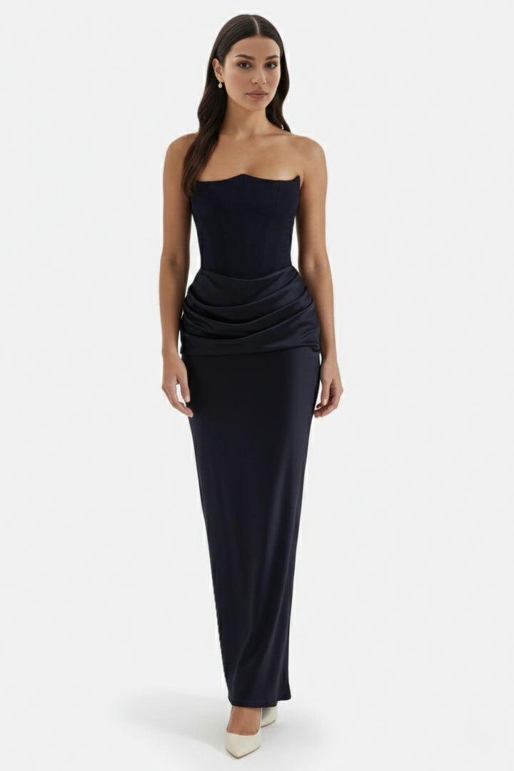 Strapless Corset Maxi Dress Structured Bodice Draped Detail