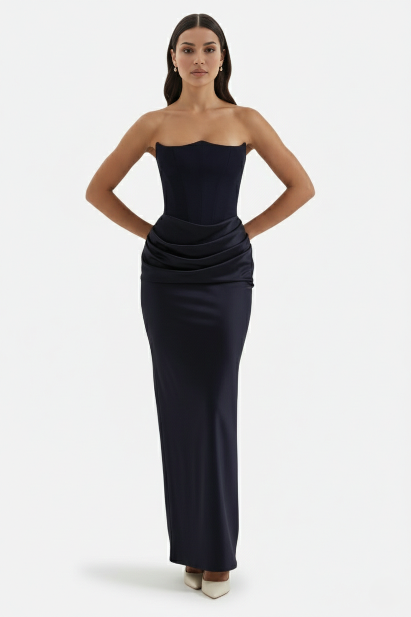 Strapless Corset Maxi Dress Structured Bodice Draped Detail