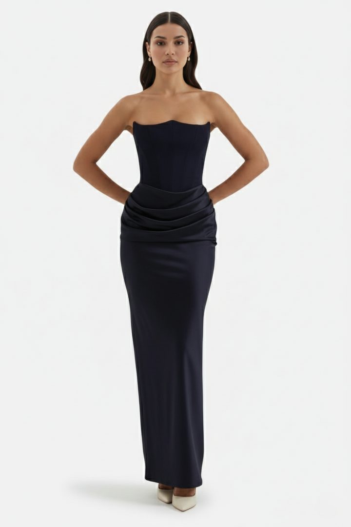 Strapless Corset Maxi Dress Structured Bodice Draped Detail