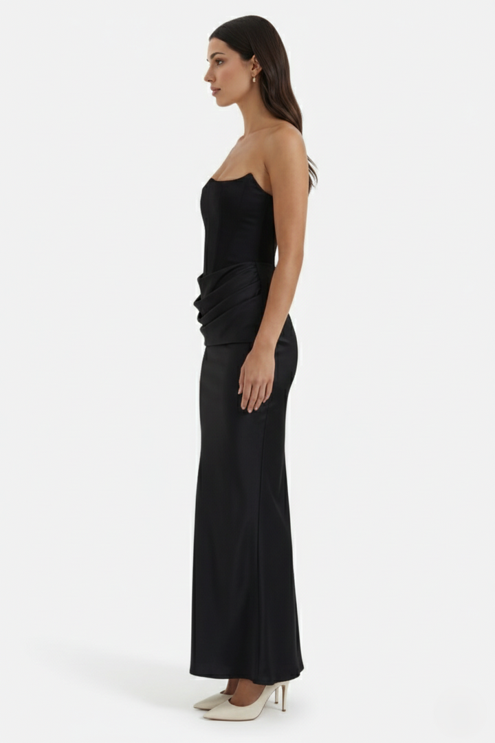 Strapless Corset Maxi Dress Structured Bodice Draped Detail