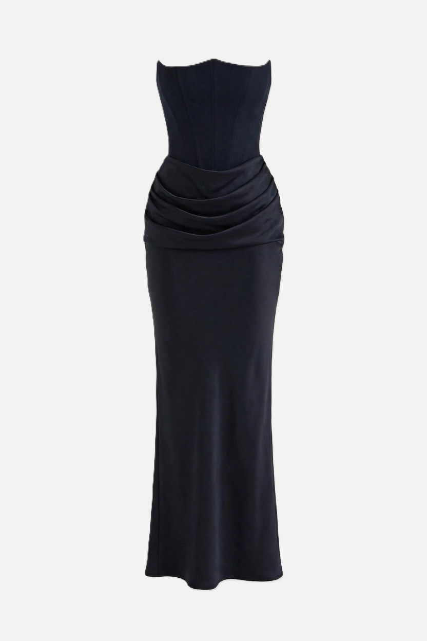 Strapless Corset Maxi Dress Structured Bodice Draped Detail
