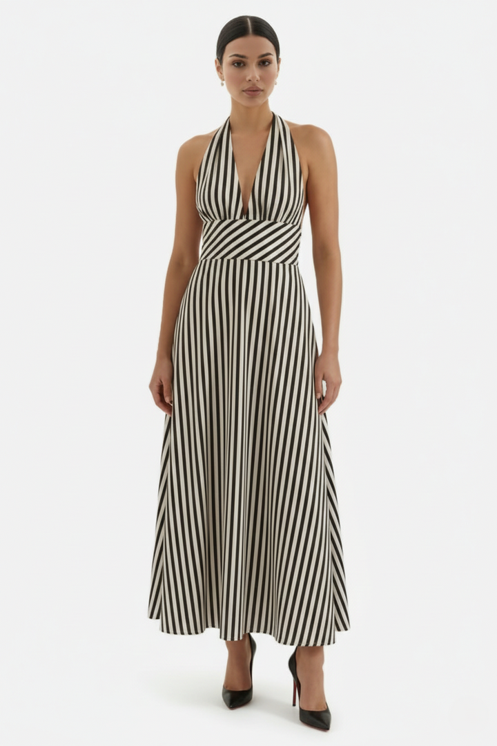 Striped Halter Neck Maxi Dress with Open Back