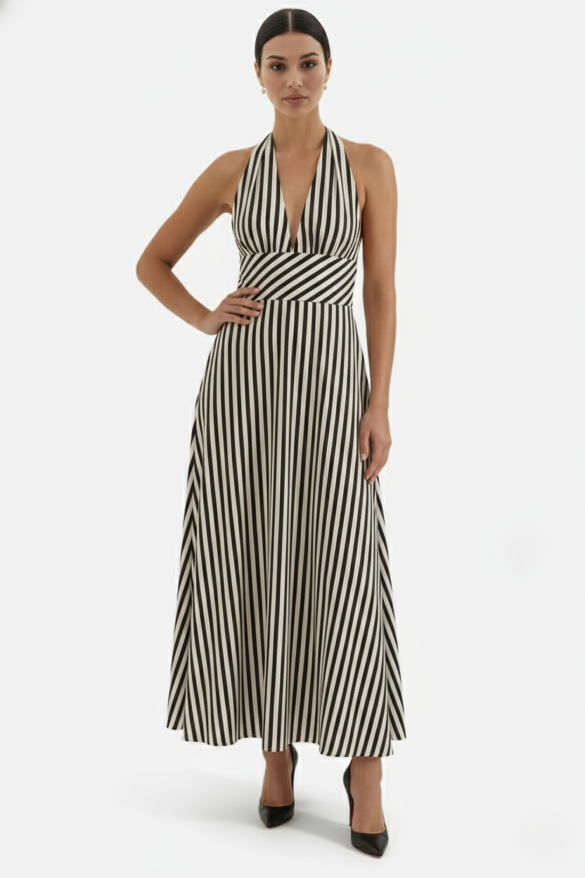 Striped Halter Neck Maxi Dress with Open Back