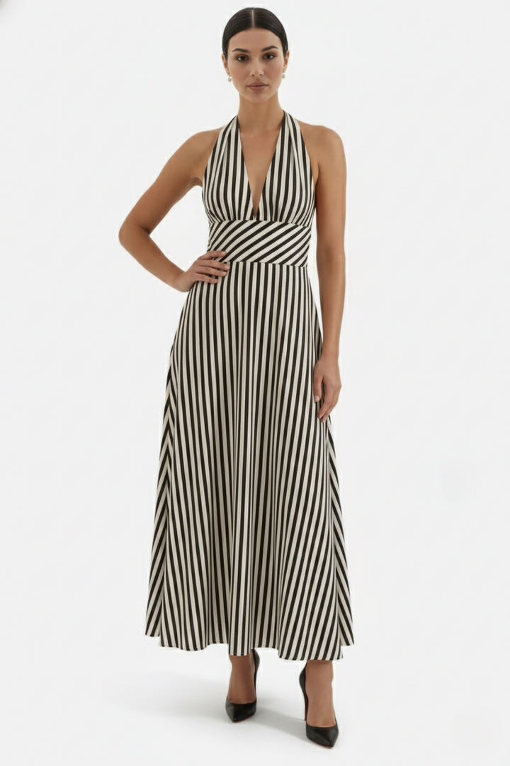 Striped Halter Neck Maxi Dress with Open Back