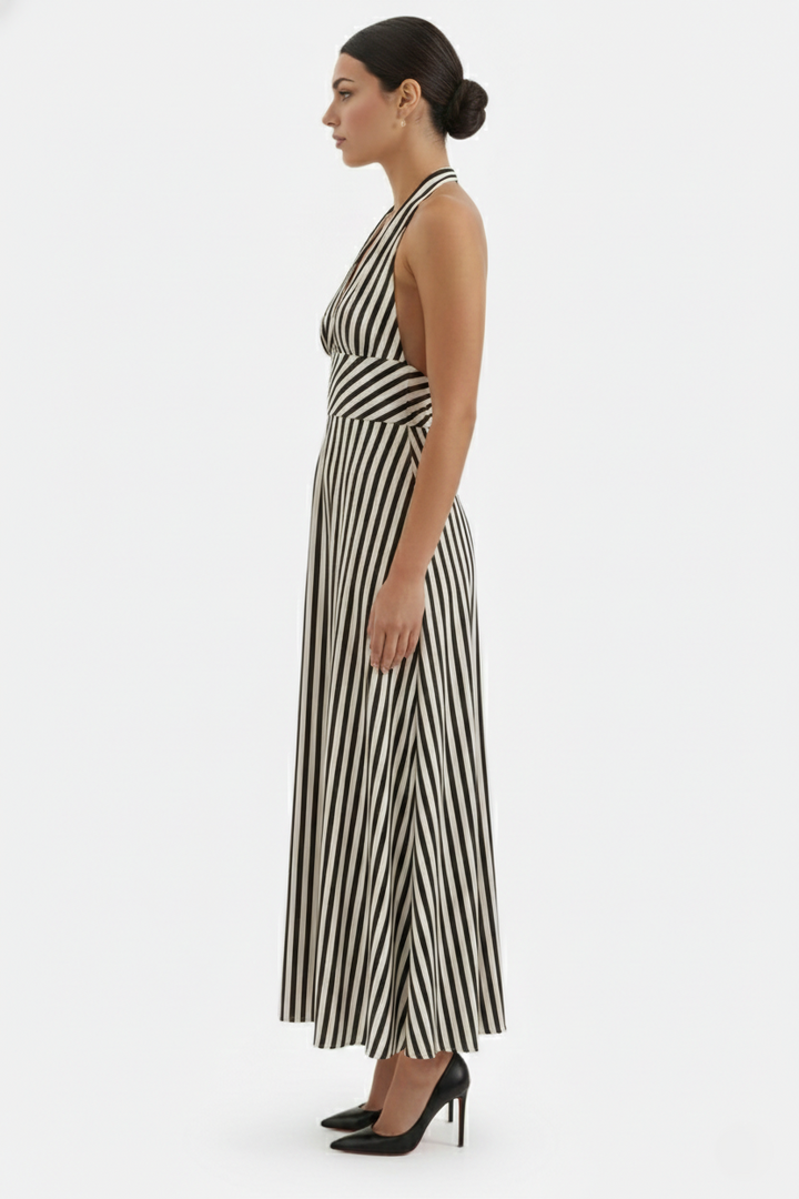 Striped Halter Neck Maxi Dress with Open Back
