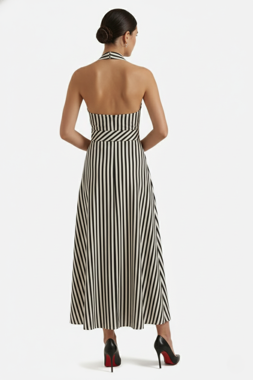 Striped Halter Neck Maxi Dress with Open Back