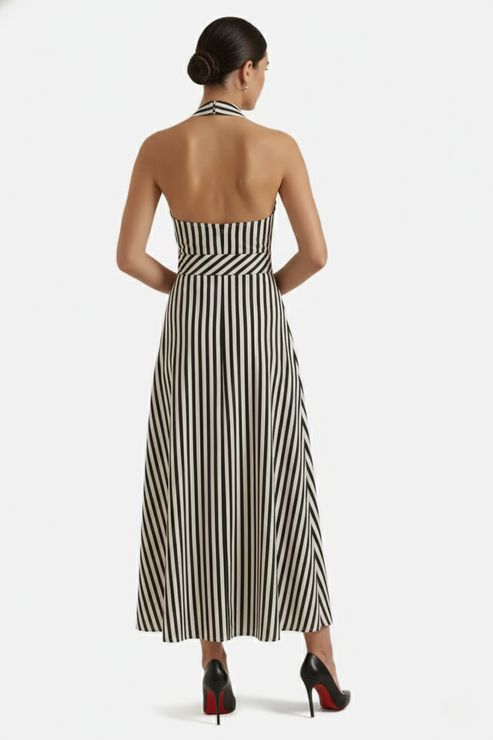 Striped Halter Neck Maxi Dress with Open Back