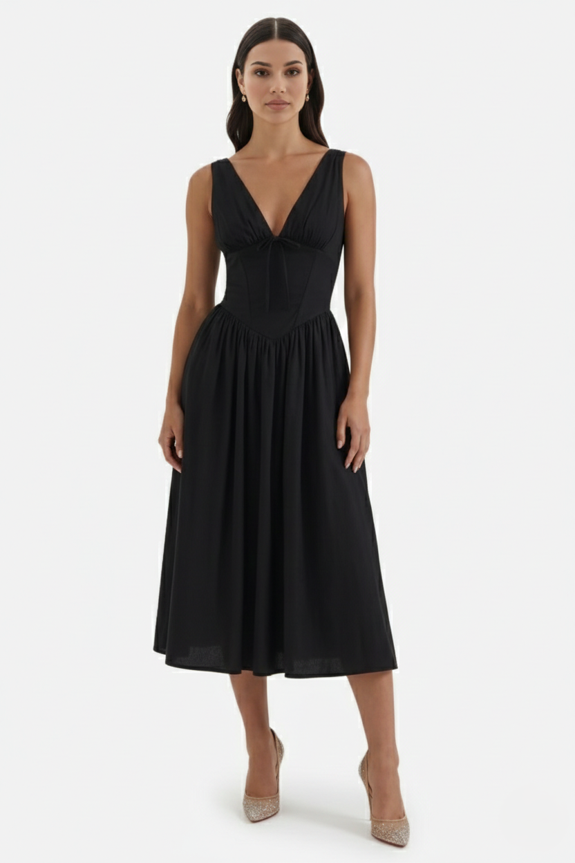 Summer Dress V Neck Fit and Flare Corset Waist