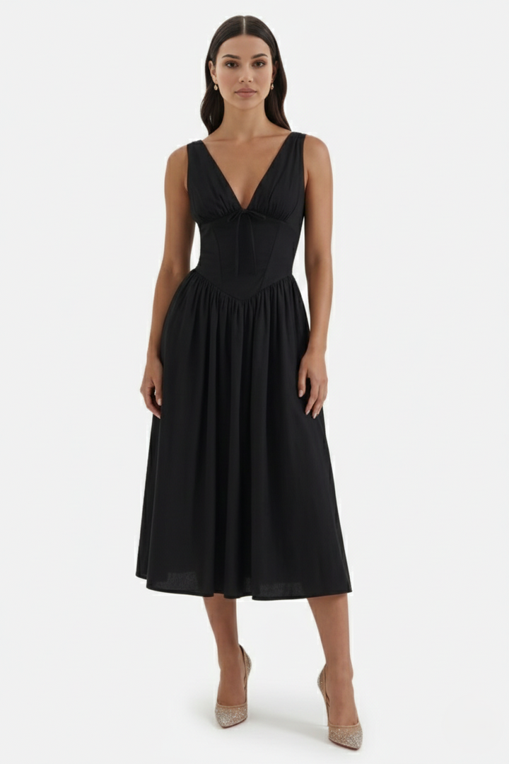 Summer Dress V Neck Fit and Flare Corset Waist