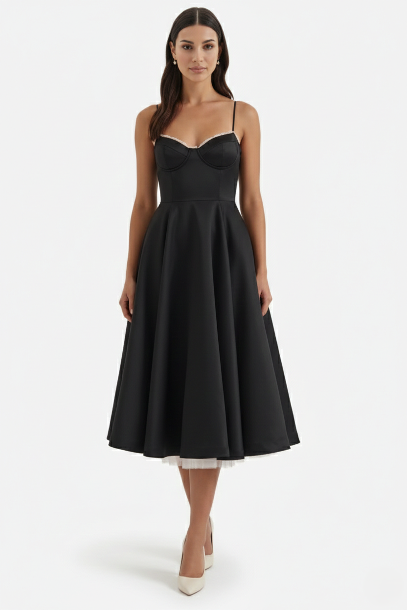 Sweetheart Bustier Midi Dress with Full Circle Skirt and Tulle Hem