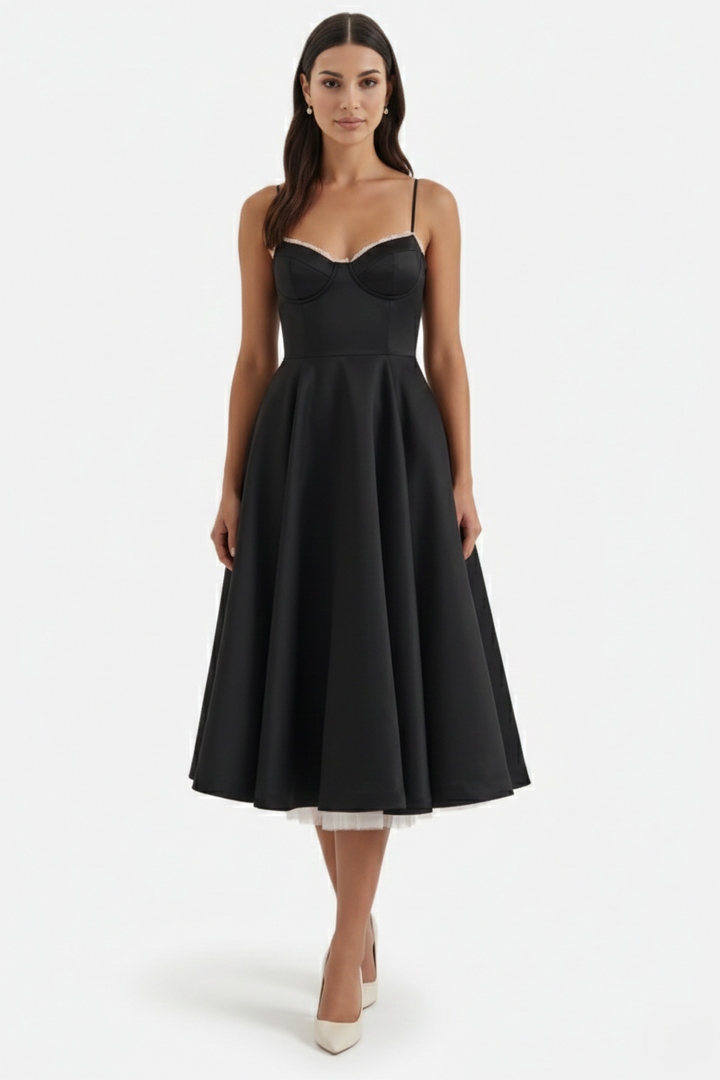Sweetheart Bustier Midi Dress with Full Circle Skirt and Tulle Hem
