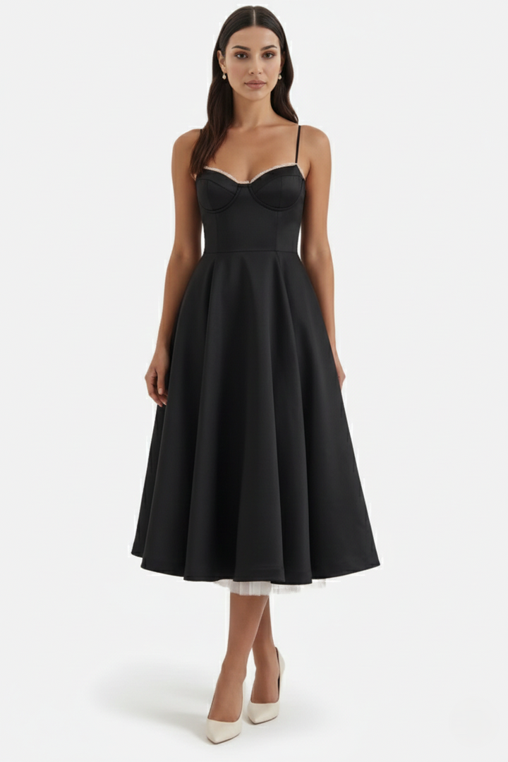 Sweetheart Bustier Midi Dress with Full Circle Skirt and Tulle Hem