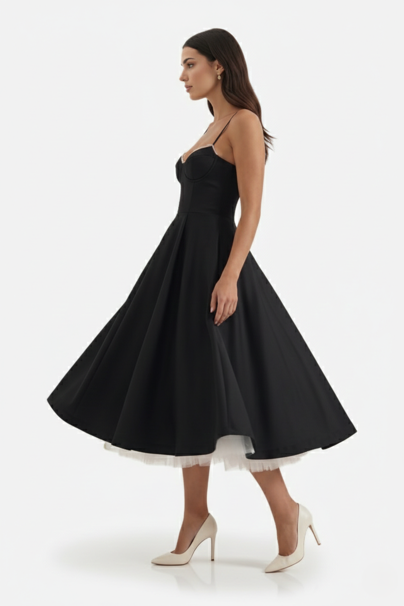 Sweetheart Bustier Midi Dress with Full Circle Skirt and Tulle Hem