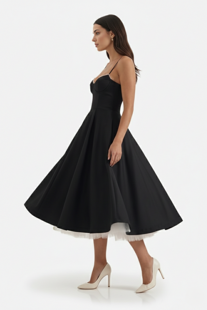 Sweetheart Bustier Midi Dress with Full Circle Skirt and Tulle Hem