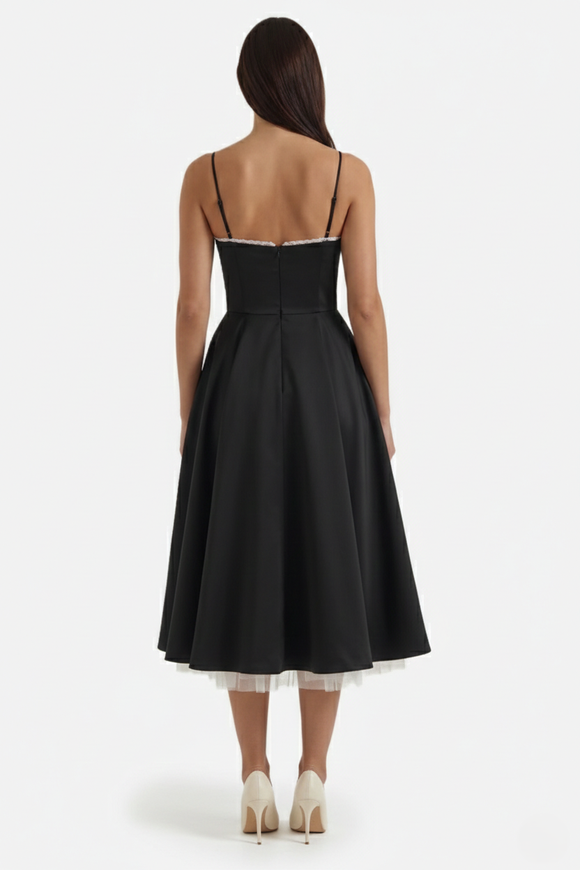 Sweetheart Bustier Midi Dress with Full Circle Skirt and Tulle Hem