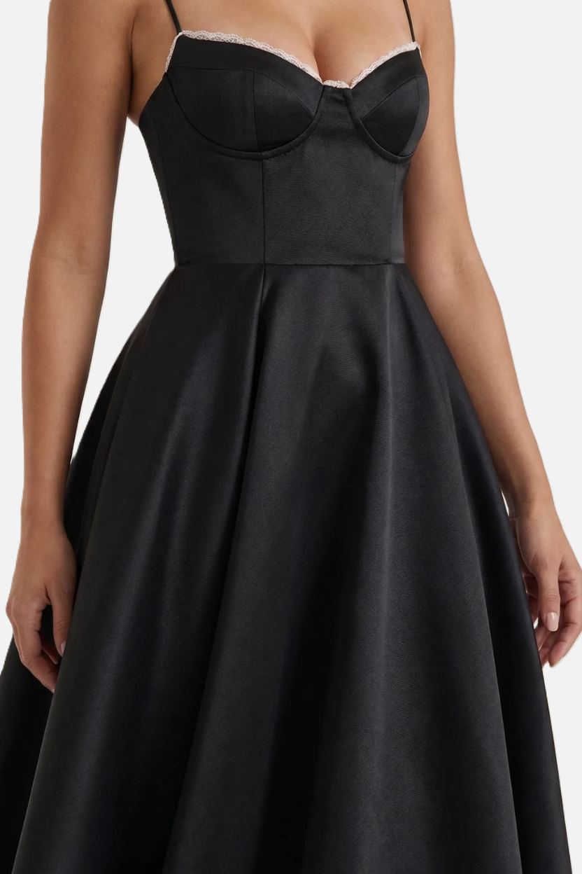 Sweetheart Bustier Midi Dress with Full Circle Skirt and Tulle Hem