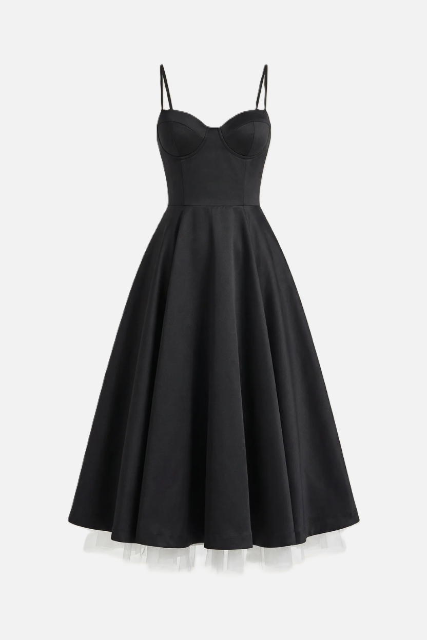 Sweetheart Bustier Midi Dress with Full Circle Skirt and Tulle Hem