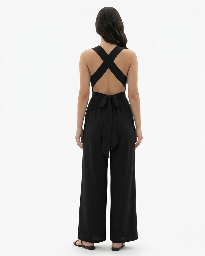 Wide Leg Jumpsuit Sleeveless V Neck Tie Waist Crisscross Back