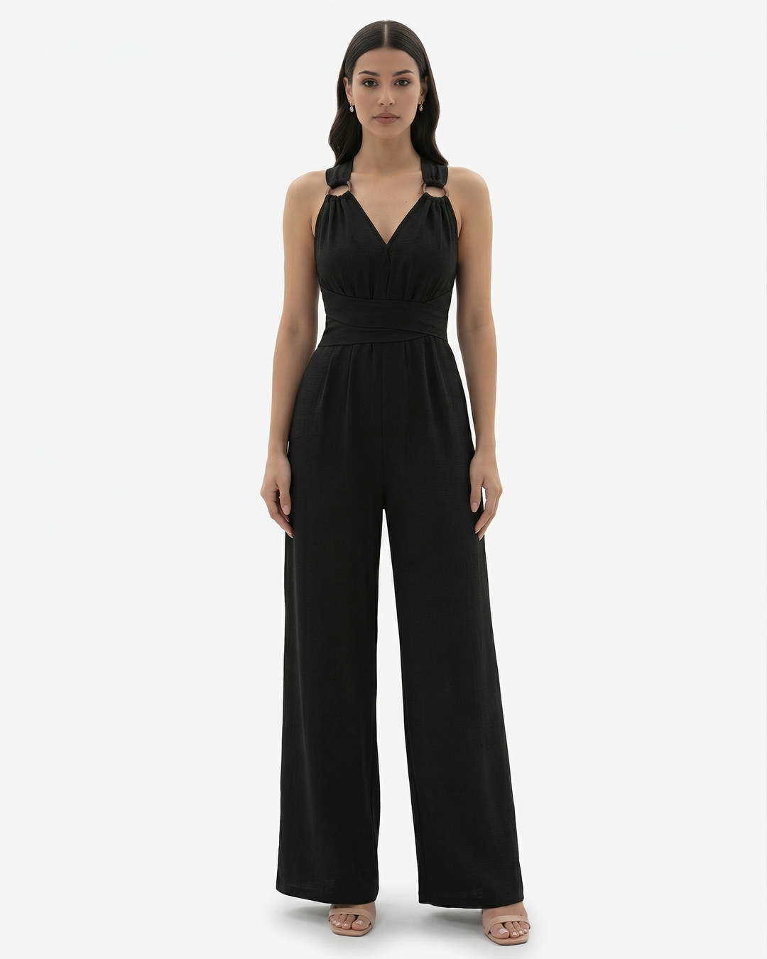 Wide Leg Jumpsuit Sleeveless V Neck Tie Waist Crisscross Back