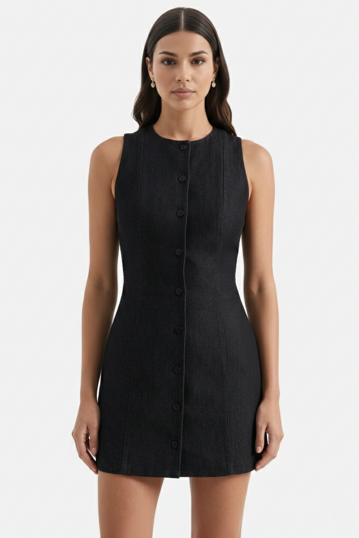 Sleeveless Button-Front Mini Sheath Dress Round Neck