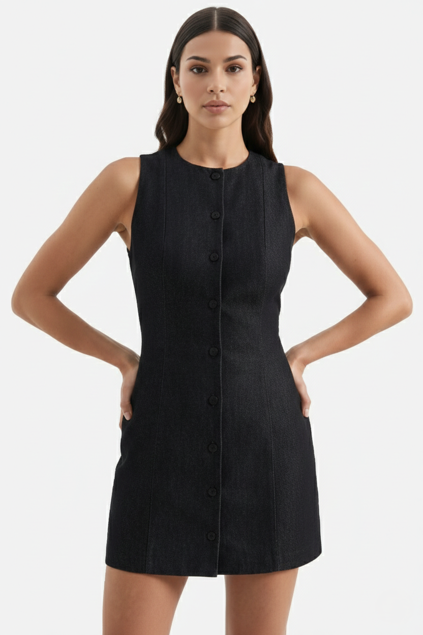 Sleeveless Button-Front Mini Sheath Dress Round Neck