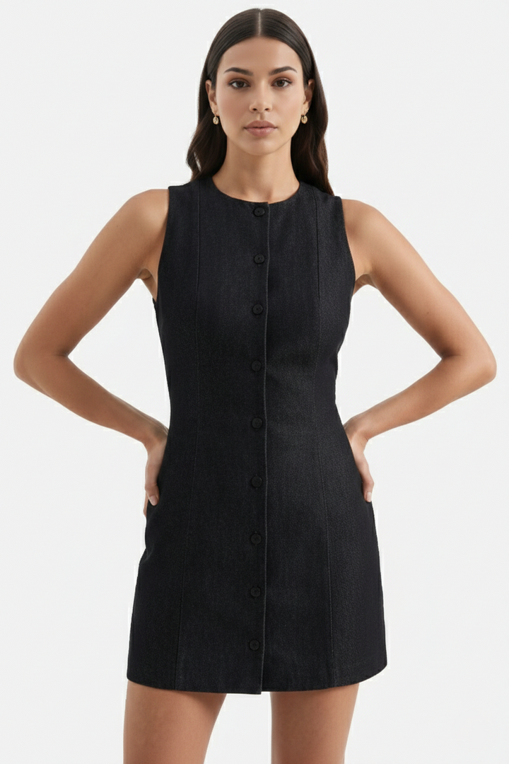 Sleeveless Button-Front Mini Sheath Dress Round Neck