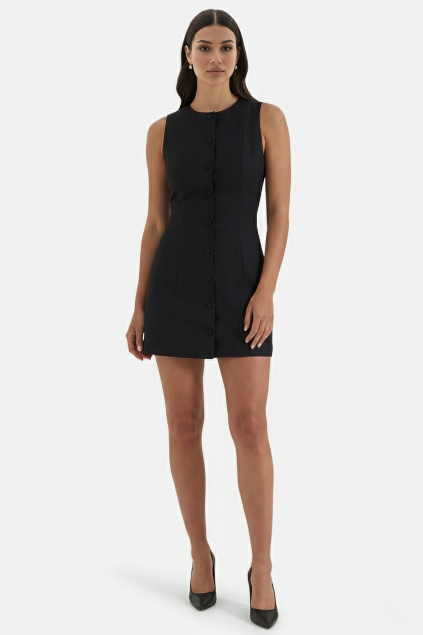 Sleeveless Button-Front Mini Sheath Dress Round Neck
