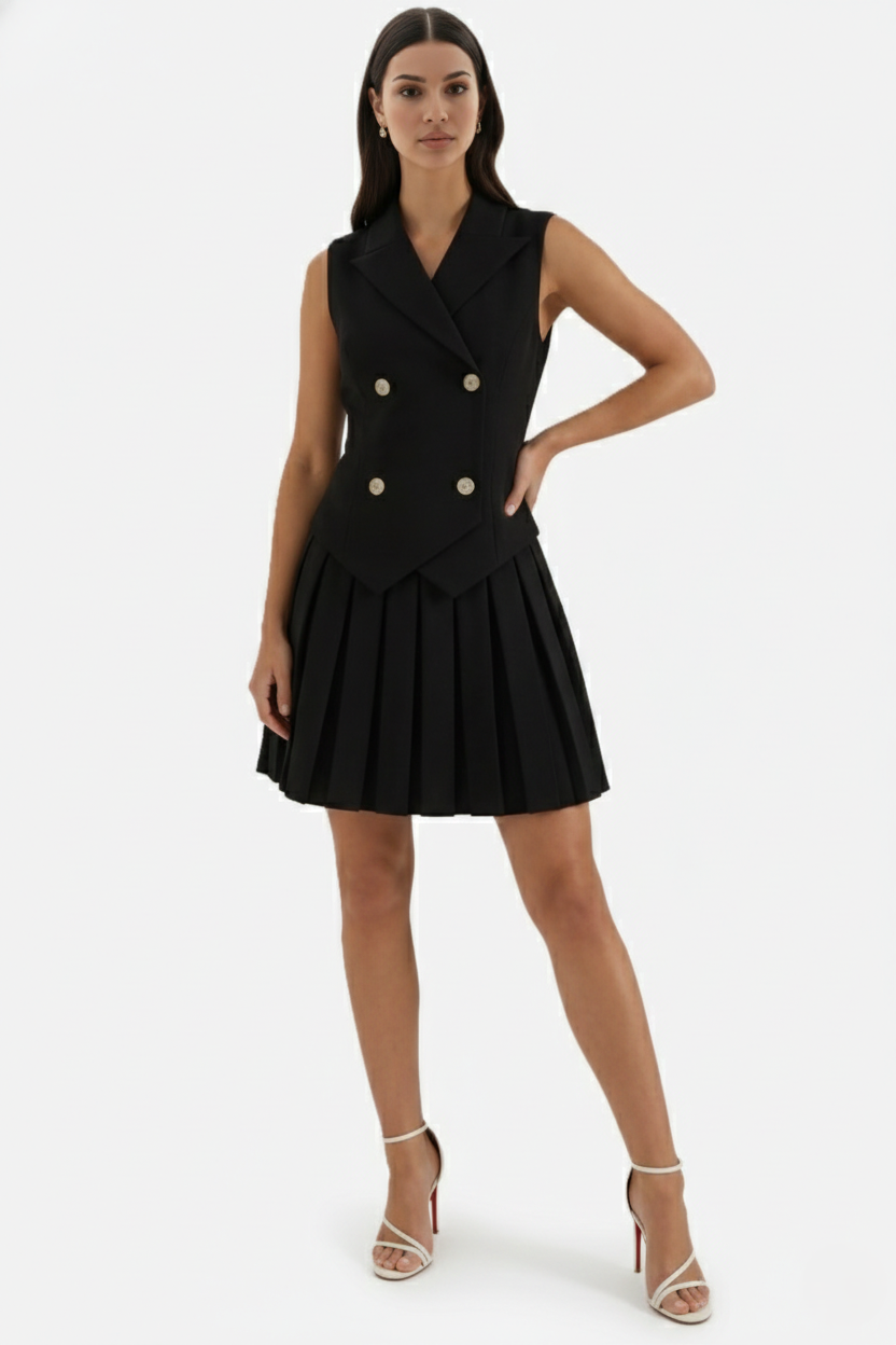 Double-Breasted Waistcoat Pleated Mini Dress