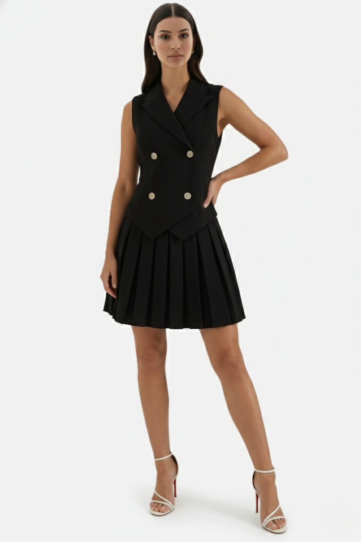 Double-Breasted Waistcoat Pleated Mini Dress