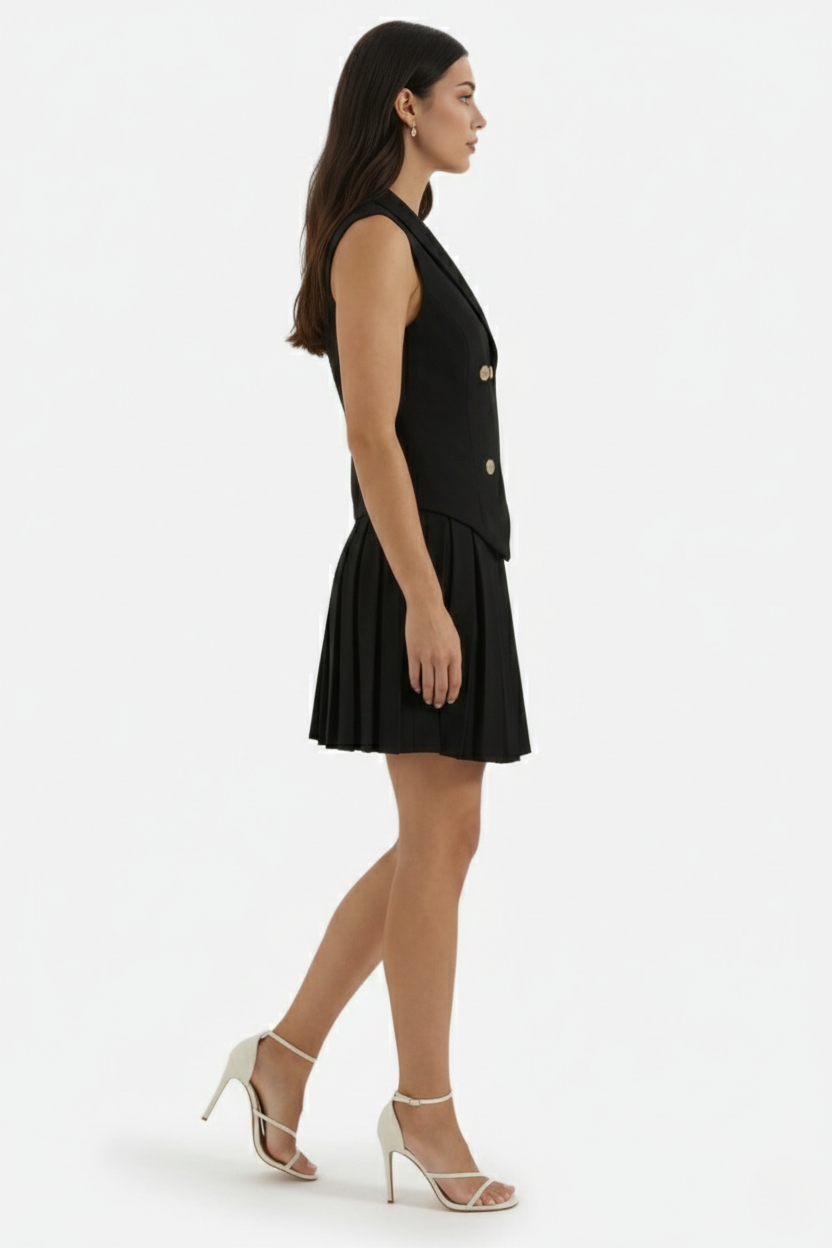 Double-Breasted Waistcoat Pleated Mini Dress