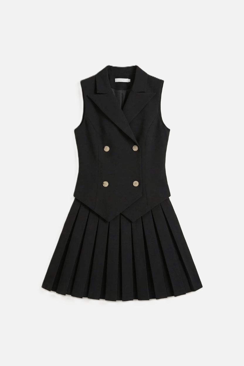 Double-Breasted Waistcoat Pleated Mini Dress