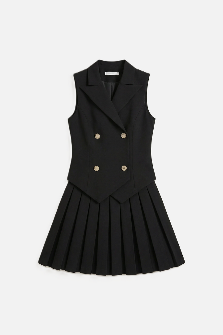 Double-Breasted Waistcoat Pleated Mini Dress