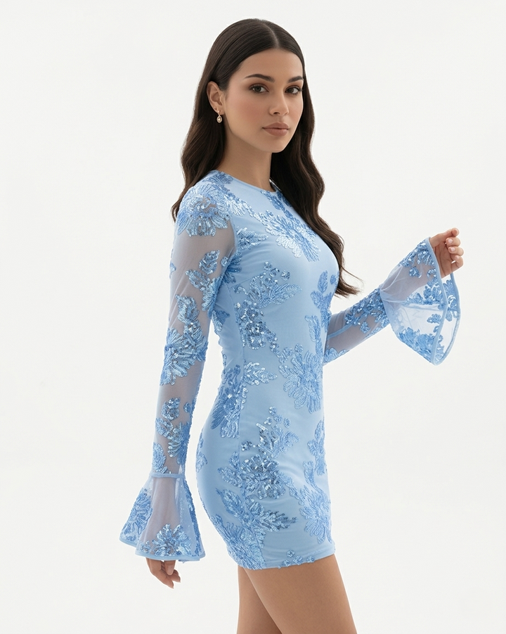 Floral Mesh Mini Dress Long Sleeve Open Back Flared Cuff