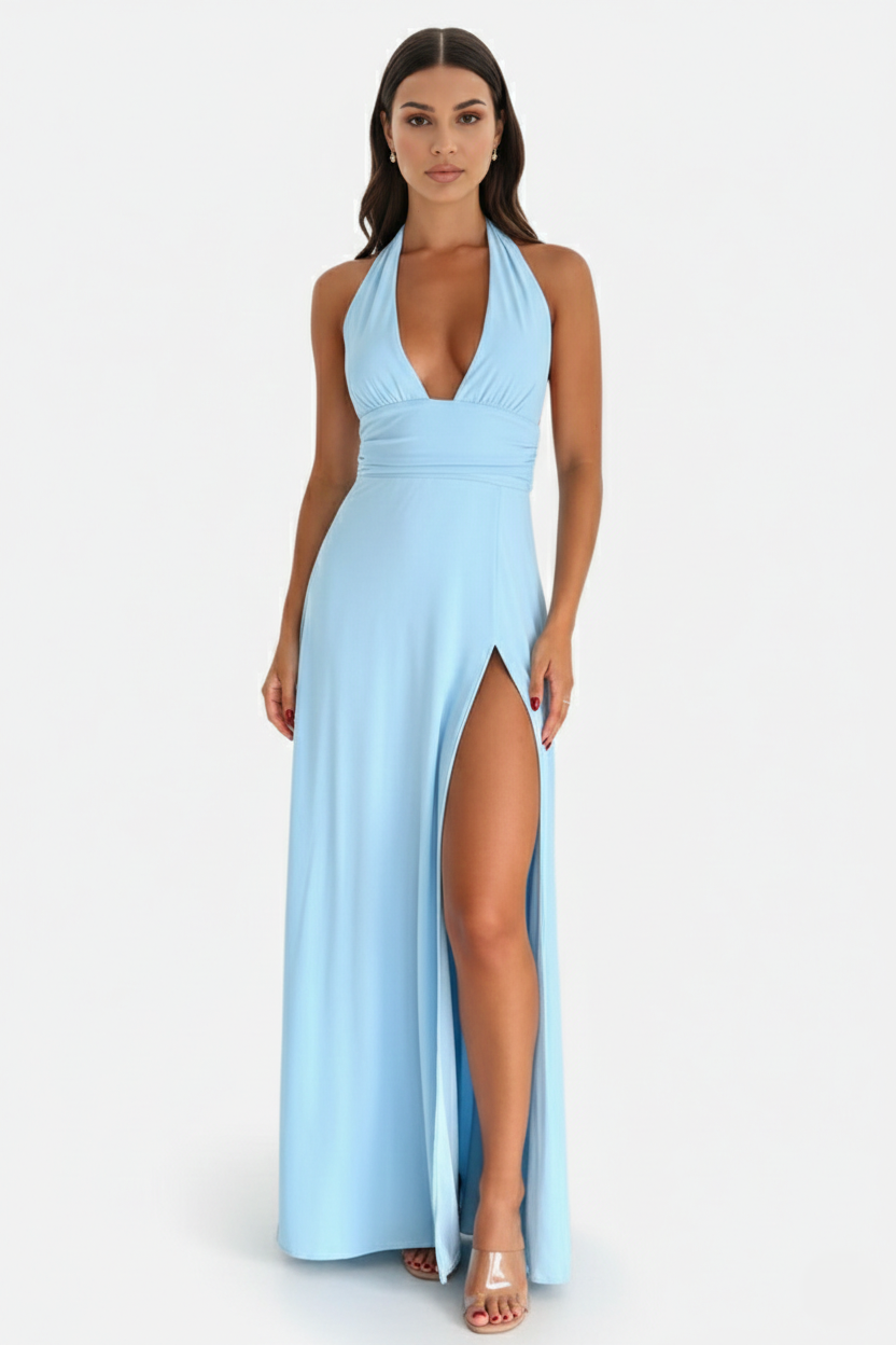 Halter V-Neck Cross Back Bow Tie High Thigh Slit Maxi Dress