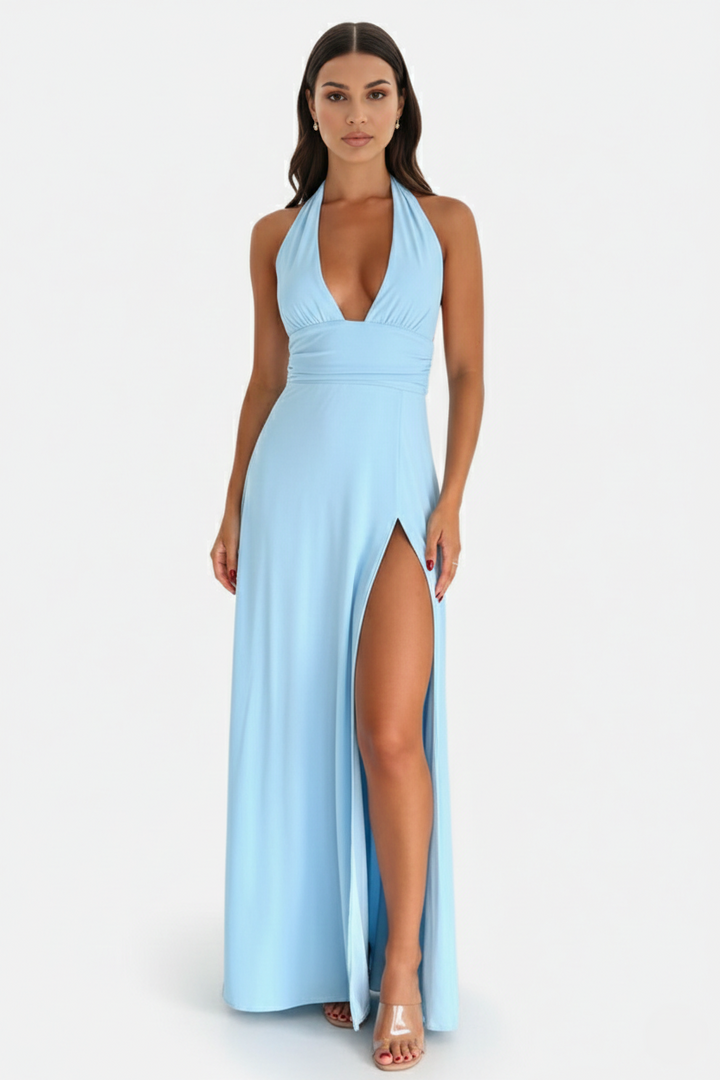 Halter V-Neck Cross Back Bow Tie High Thigh Slit Maxi Dress