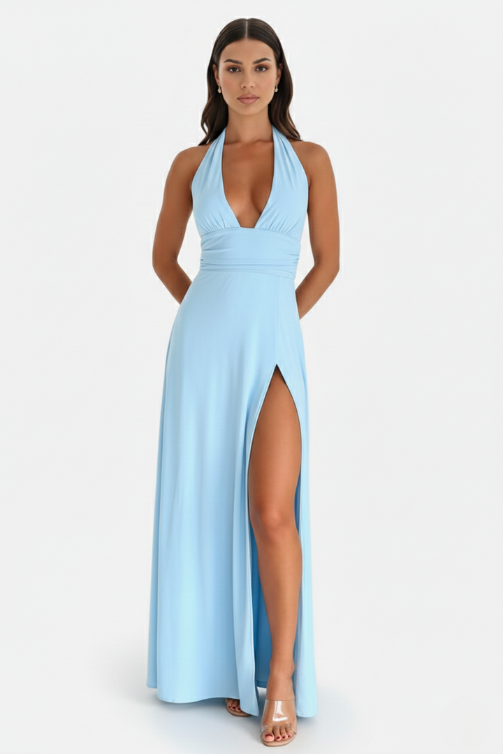 Halter V-Neck Cross Back Bow Tie High Thigh Slit Maxi Dress