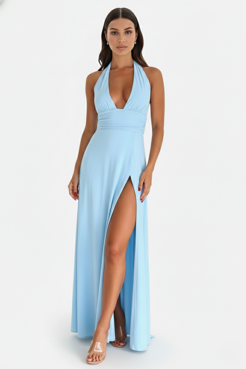 Halter V-Neck Cross Back Bow Tie High Thigh Slit Maxi Dress