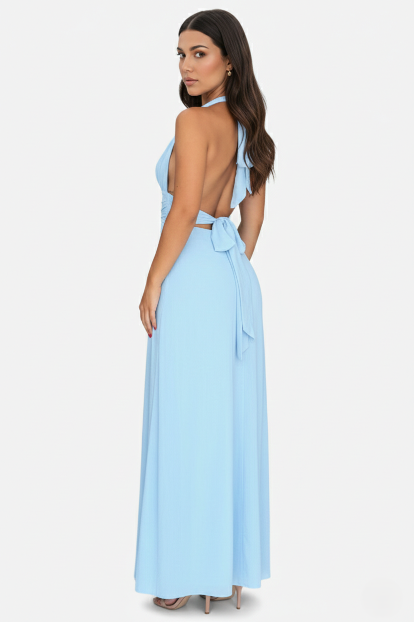 Halter V-Neck Cross Back Bow Tie High Thigh Slit Maxi Dress