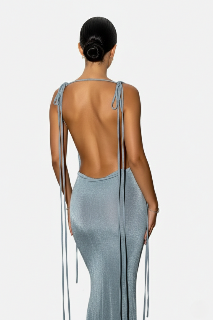 Spaghetti Strap Backless Maxi Dress Long Tie Back