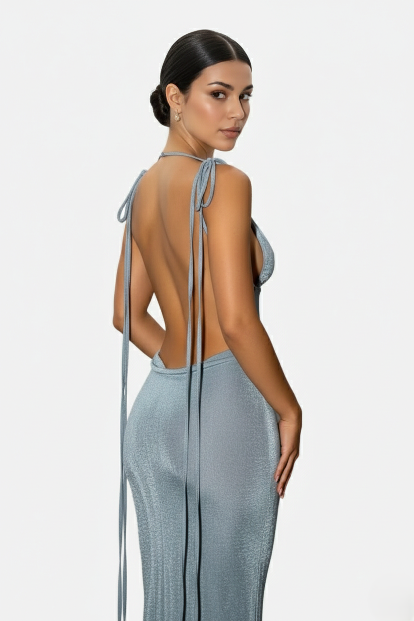 Spaghetti Strap Backless Maxi Dress Long Tie Back