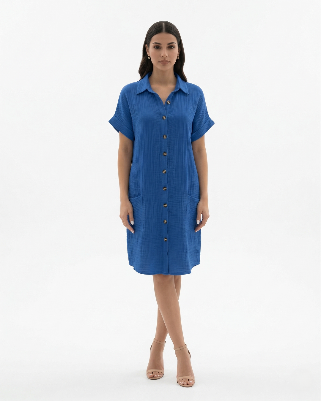 Button Down Shirt Dress Collared Rolled Cuff Sleeve with Pockets