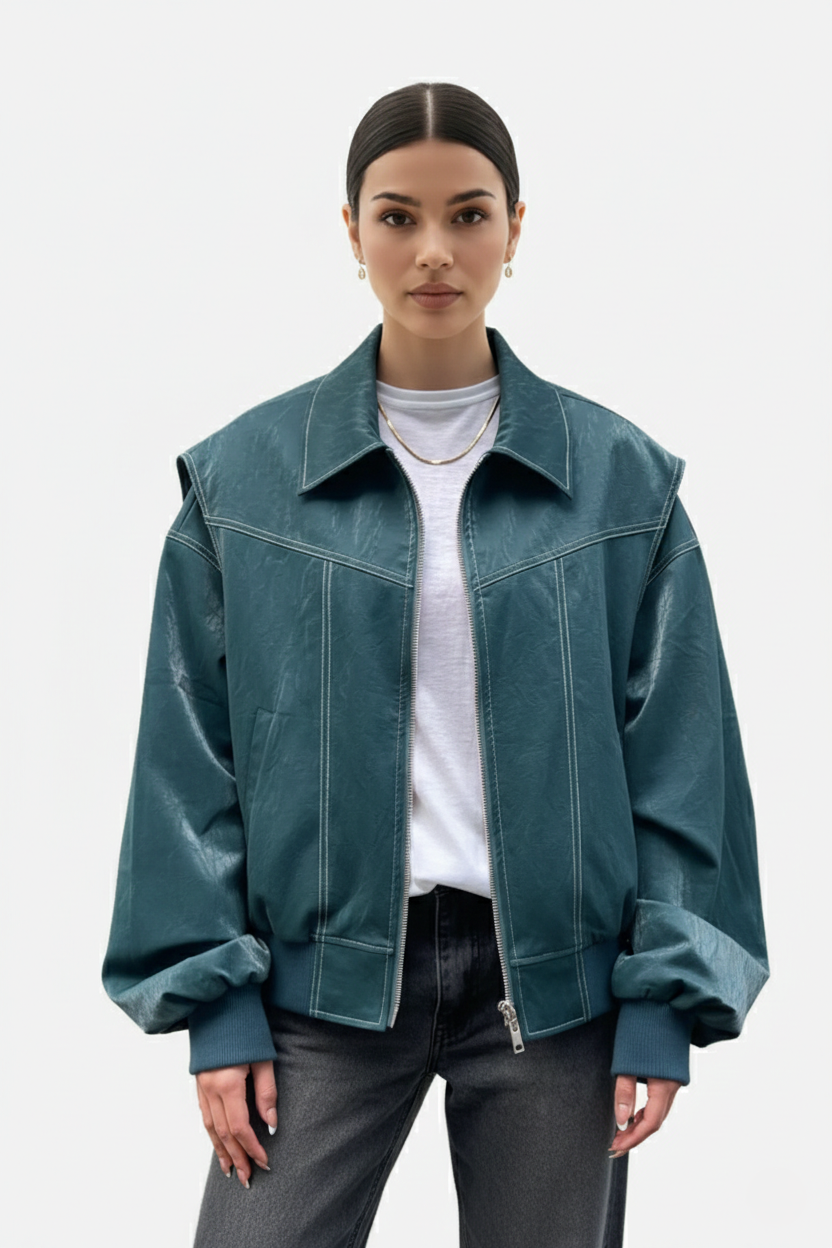 Faux Leather Zip Up Bomber Jacket with Ribbed Cuffs