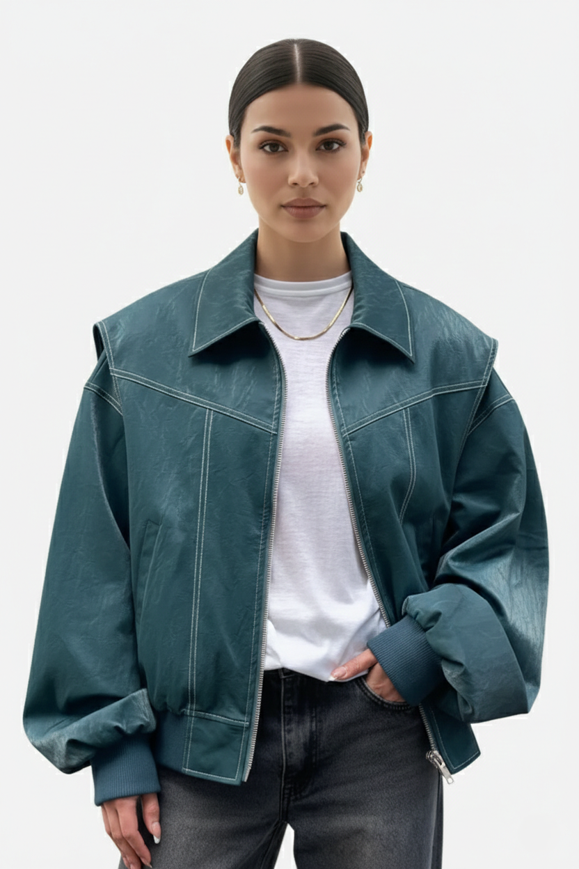 Faux Leather Zip Up Bomber Jacket with Ribbed Cuffs