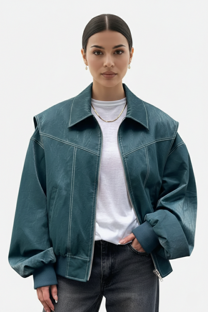Faux Leather Zip Up Bomber Jacket with Ribbed Cuffs