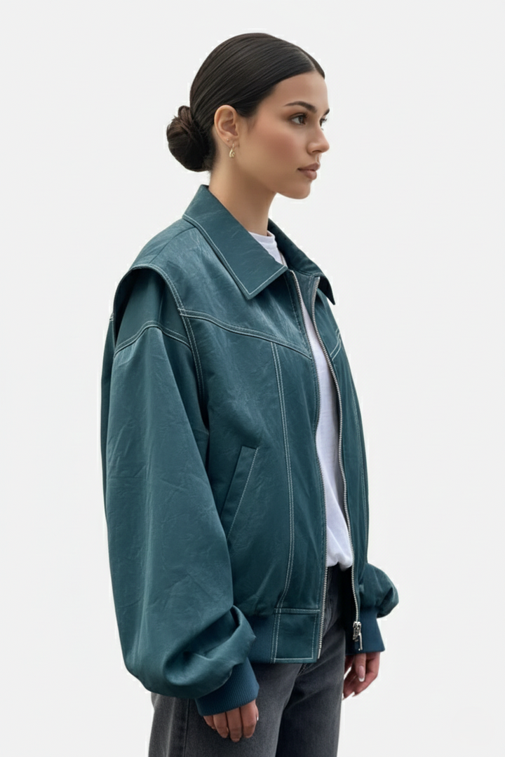 Faux Leather Zip Up Bomber Jacket with Ribbed Cuffs