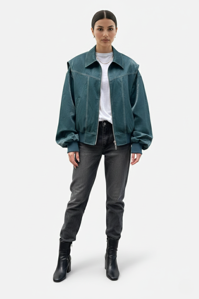 Faux Leather Zip Up Bomber Jacket with Ribbed Cuffs