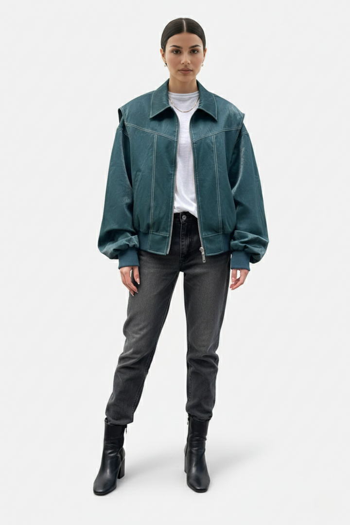 Faux Leather Zip Up Bomber Jacket with Ribbed Cuffs