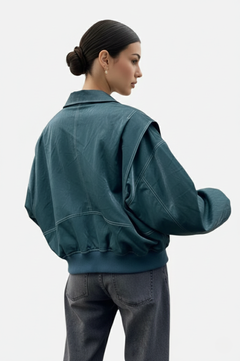 Faux Leather Zip Up Bomber Jacket with Ribbed Cuffs