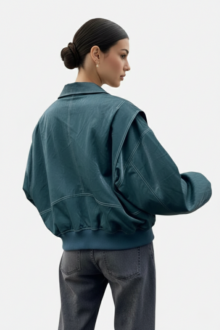 Faux Leather Zip Up Bomber Jacket with Ribbed Cuffs