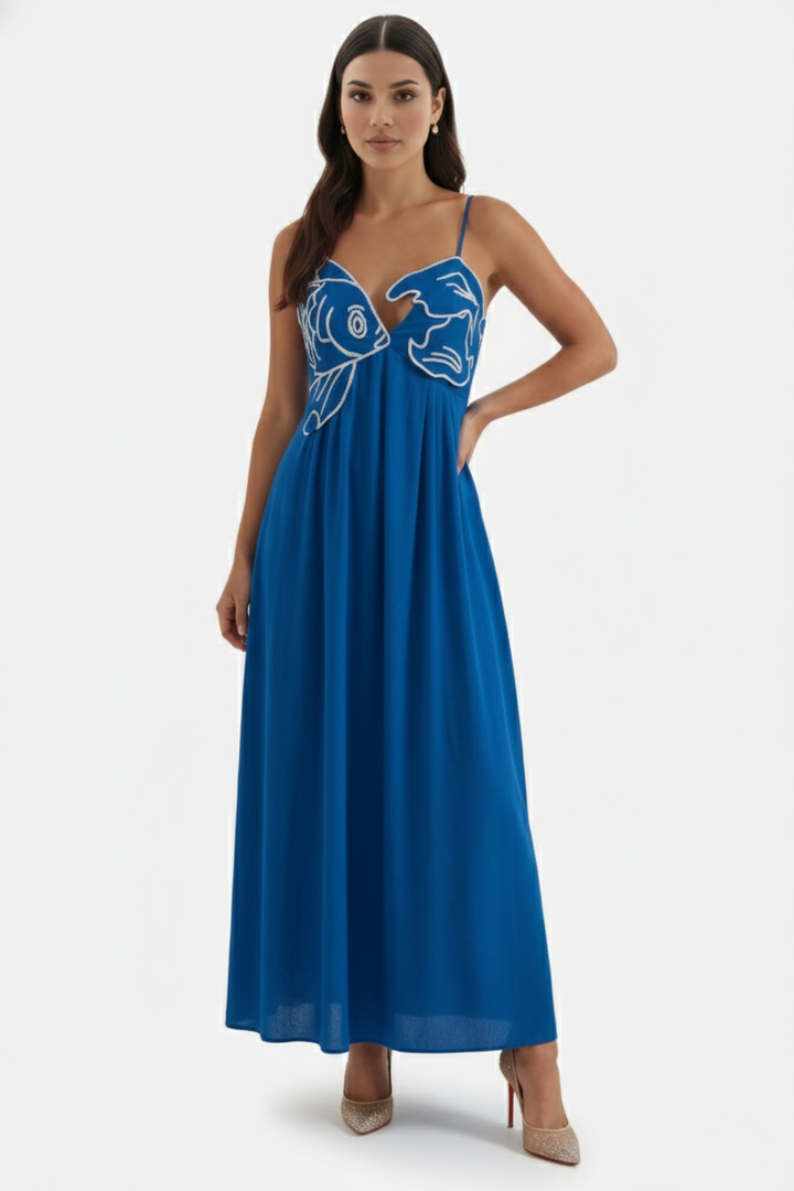 Summer Linen Dress Embroidered Fish Bodice A-Line with Spaghetti Straps